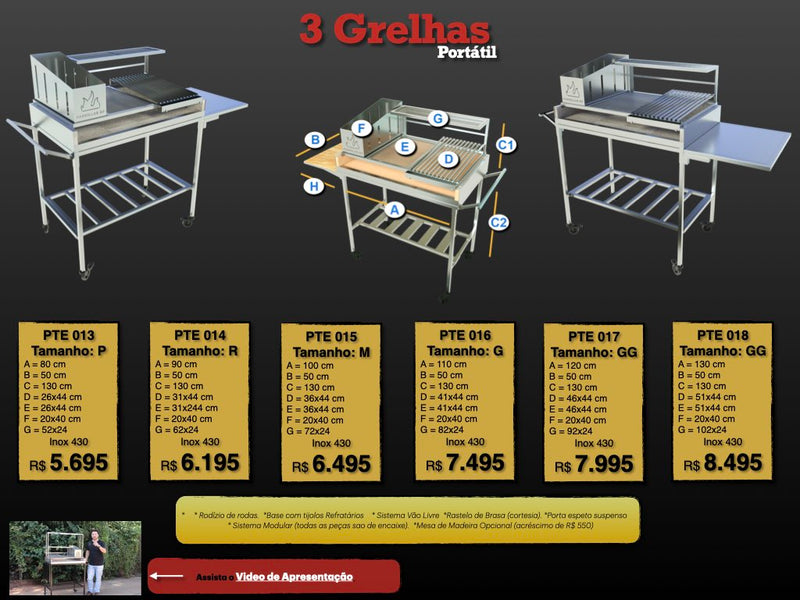 Churrasqueira Parrilla Argentina Portátil em Inox com 3 Grelhas Platinum (Orçamento)